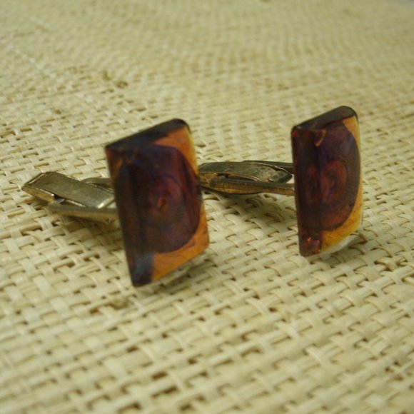 Vintage Orange Iridescent Glass Cuff Links - Picture 2 of 8